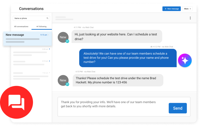 Video Vendasta Conversations AI dashboard showing messages