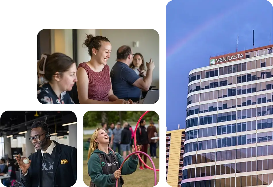 Careers page hero img updated q4 2025 Vendastians working together and having fun at Vendasta events